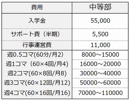 トライ式高等学院の中等部の価格料金表