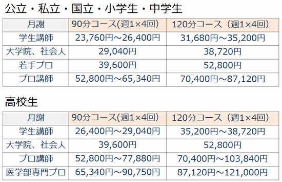 メガスタ訪問型家庭教師料金表